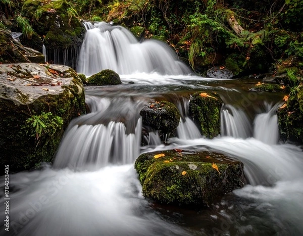 Obraz Cascading waterfall flows over mossy rocks amid lush green foliage in an outdoor scene