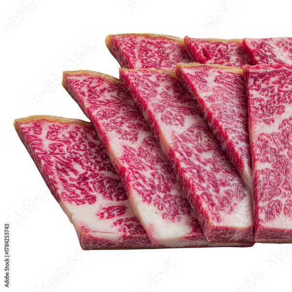 Fototapeta Exquisite Sliced Meat: A close-up shot of thinly sliced meat showcases its exquisite marbling and vibrant color, promising a culinary delight.
