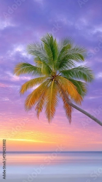 Obraz A single palm tree stands silhouetted against a vibrant purple and orange sunset sky over a tranquil ocean and sandy beach a serene tropical paradise scene with warm lighting and soft clouds