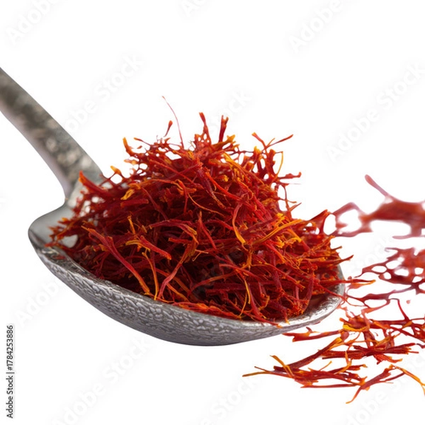 Fototapeta Saffron on Spoon: An exquisite close-up showcases a spoonful of vibrant, crimson saffron threads, displaying the rare spice's rich color and delicate texture.