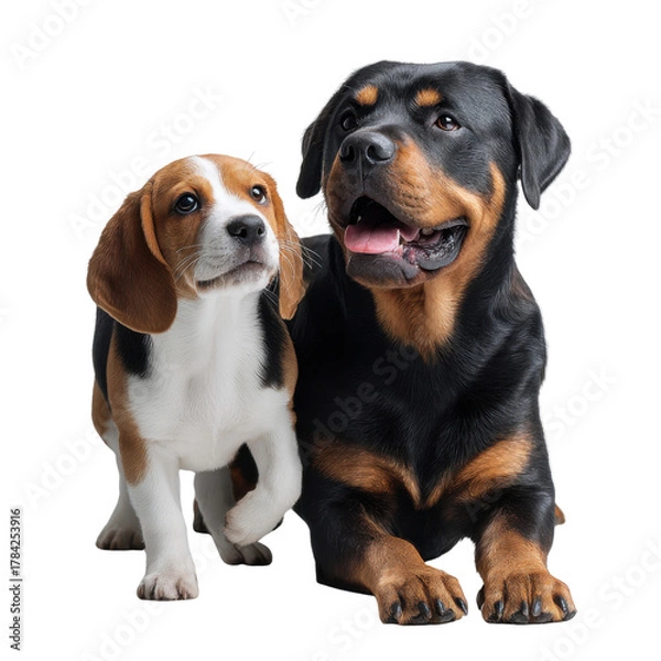 Fototapeta Loyal Companions: Beagle and Rottweiler: A heartwarming portrait of a beagle puppy and a majestic rottweiler, showcasing the unique bond between two dogs.
