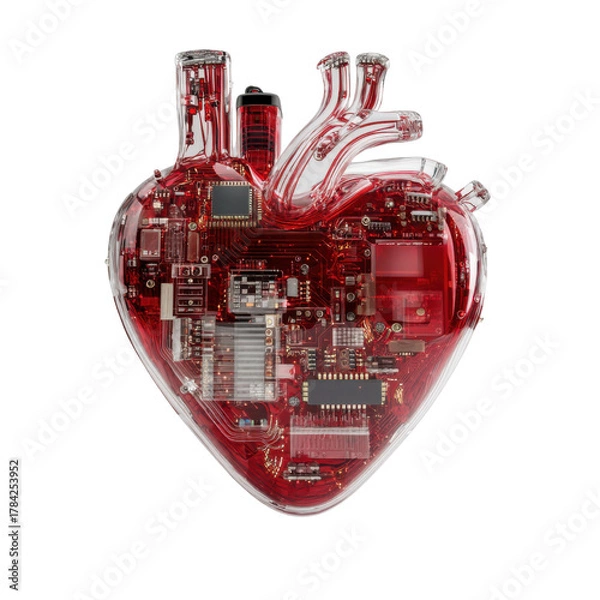 Fototapeta Artificial Heart: A transparent heart-shaped device, a fusion of technology and biology, filled with blood-red fluid and intricate circuit boards, symbolizing innovation in medical science.