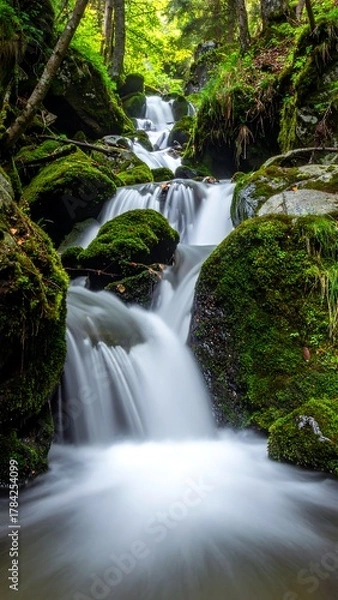 Obraz Cascading waterfall in lush forest, the water flows gently over moss-covered rocks