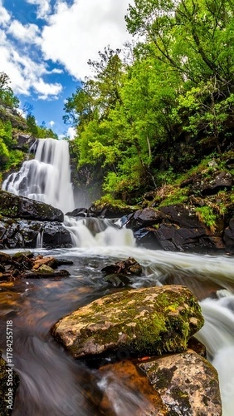 Obraz Cascading waterfall plunges among lush greenery and dark rocks under a cloudy sky