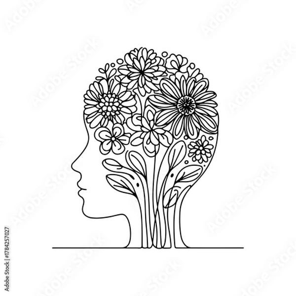 Fototapeta Head blooming with flowers line art — minimalist vector illustration symbolizing creative mind, growth, and imagination in black and white 
