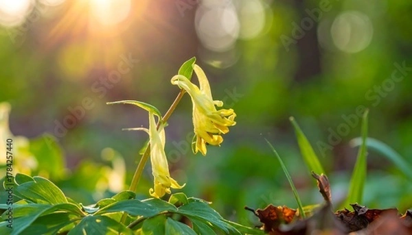 Fototapeta Close-up of Yellow Corydalis Flowers in a Forest Setting.