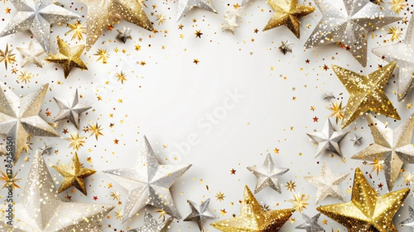 Fototapeta The gold glitter snowflake decoration , gold Christmas frame.Copy space. Top view. Flat lay.