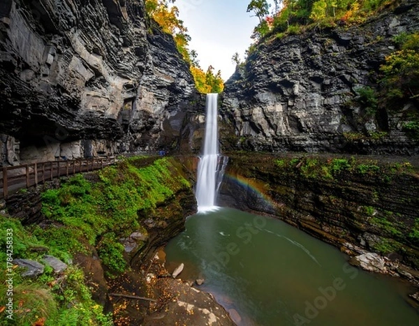 Obraz Cascading waterfall plunges into pool below, flanked by rocky cliffs in autumn sunlight