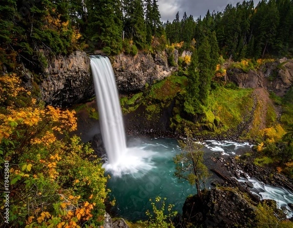 Obraz Cascading waterfall plunges into turquoise pool surrounded by vibrant autumn foliage, trees