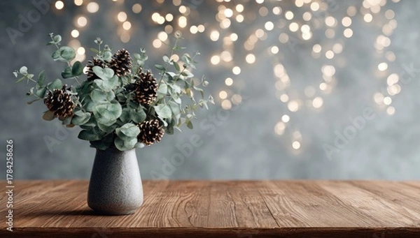 Obraz A muted gray vase holding eucalyptus and pinecones sits on a wooden table in front of a bokeh background of warm lights