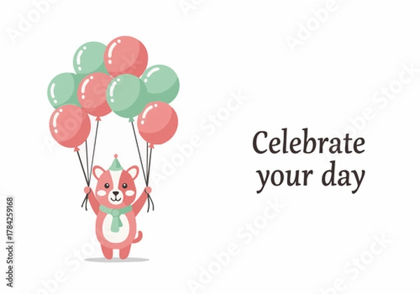 Fototapeta A cheerful cartoon dog holding balloons, celebrating a special occasion with joy.