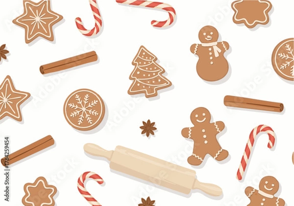 Fototapeta Festive Christmas-themed illustration featuring various gingerbread cookies, candy canes, and rolling pin on a white background.