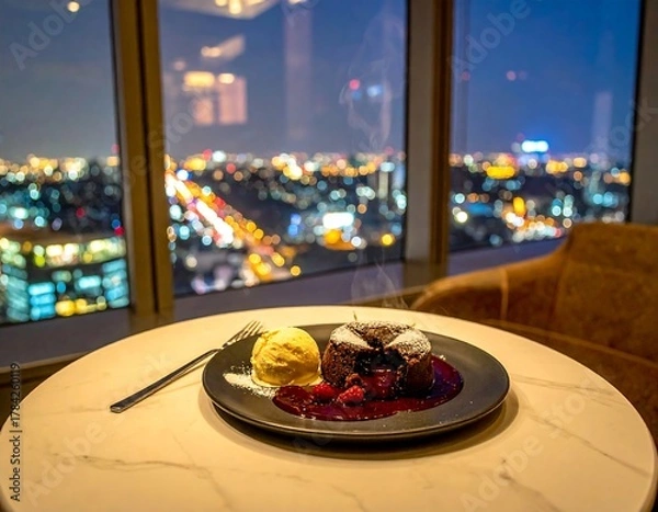 Obraz Gourmet dessert plate with chocolate cake and ice cream in a restaurant setting