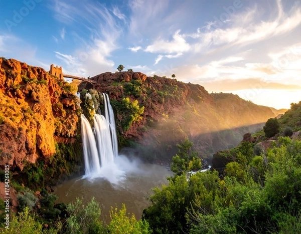 Obraz Cascading waterfalls amidst reddish cliffs, shrouded in sunlight, under a partly cloudy sky