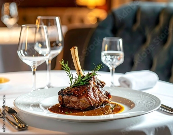 Obraz Gourmet lamb chop dish on elegant table setting with wine glasses