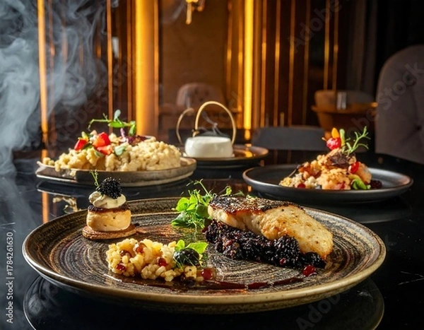 Obraz Gourmet meal on a dark table featuring delicious food and plating design