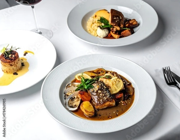 Obraz Gourmet plated dishes featuring savory cuisine in an elegant dining setting