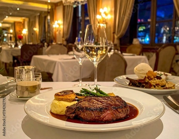 Obraz Gourmet meal with steak and wine glasses set on a white tablecloth