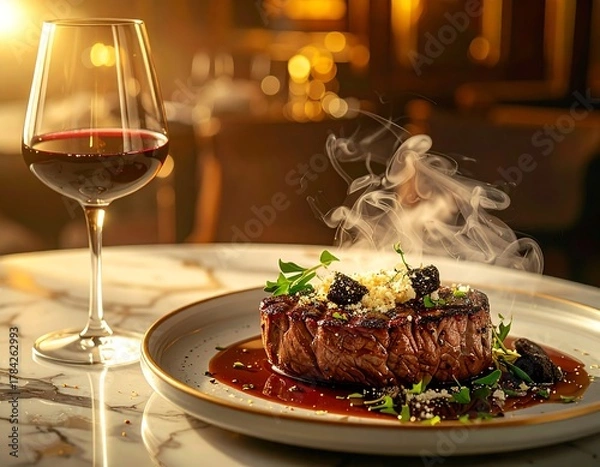 Obraz Gourmet steak and wine with steam in restaurant setting for culinary visuals