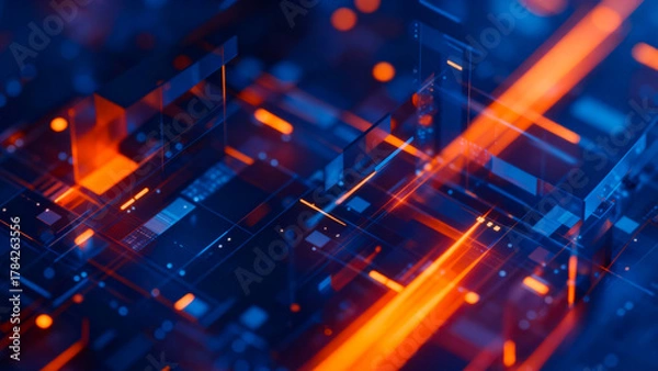 Fototapeta Abstract digital art with glowing orange lines and blue geometric shapes creating a futuristic energetic background