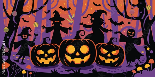 Obraz Halloween forest scene with pumpkins witches and bats vector