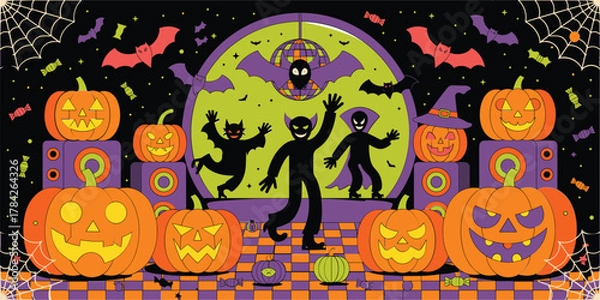 Fototapeta Halloween party scene with jack o lanterns bats and disco ball pumpkin