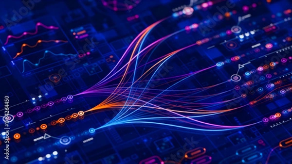 Fototapeta Abstract glowing neon light trails weaving through a dark digital network of futuristic data streams