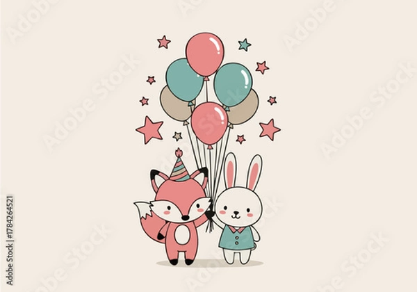 Obraz Cartoon illustration of a fox wearing a party hat and a rabbit holding balloons, surrounded by stars, on a cream background.