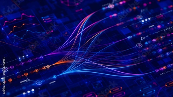 Fototapeta Abstract flowing neon light trails and bokeh dots against a dark blue background representing technology and data