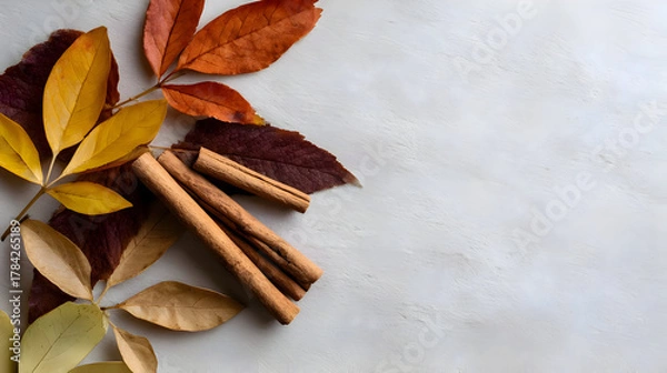 Fototapeta Cinnamon and Autumn Leaves Flatlay