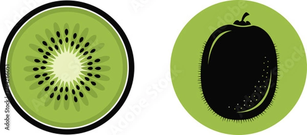 Fototapeta Kiwi Fruit Illustration – Cross-Section and Whole Silhouette with Green Background