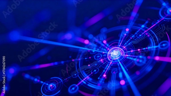 Fototapeta Abstract glowing neon network of interconnected nodes and light beams in deep blue and purple hues