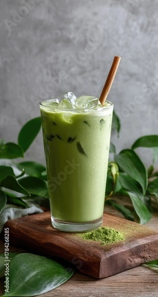 Fototapeta Iced matcha latte in glass with ice, wooden stand, and green leaves