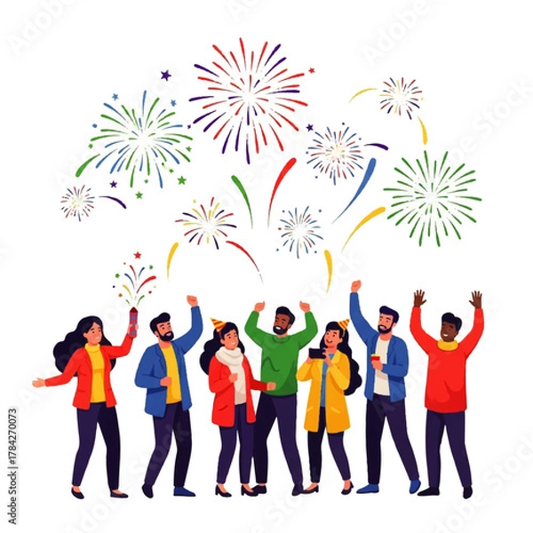 Obraz Diverse Group of People Celebrating with Fireworks.