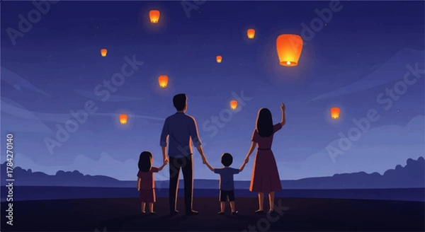 Obraz Family Watching Sky Lanterns Illuminate Night Sky.
