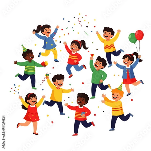 Obraz Diverse Group of Happy Children Celebrating with Balloons and Confetti.