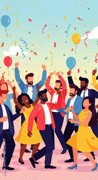 Obraz Diverse group of people celebrating with confetti and balloons.