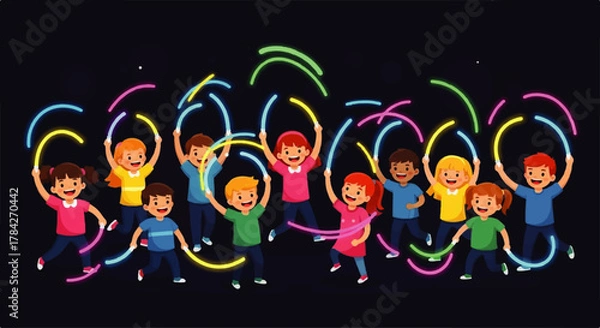 Obraz Diverse Group of Happy Children Playing with Glow Sticks.