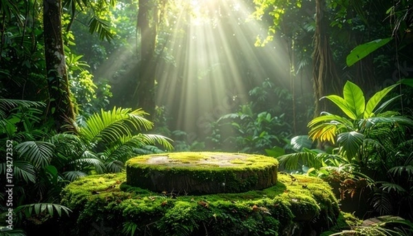 Obraz Sunlit Mossy Platform in Lush Tropical Rainforest.