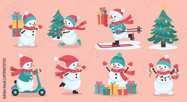 Obraz Vector Illustration of Cute Snowmen with Christmas Gifts and Trees