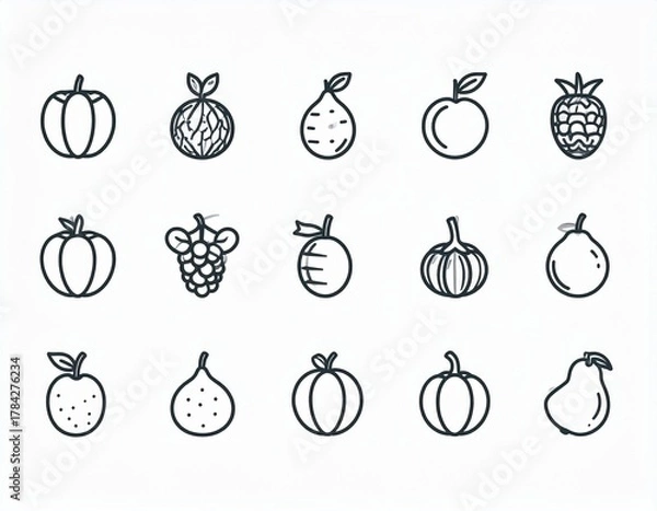 Fototapeta A collection of 15 simple black outline icons depicting various fruits and vegetables like pumpkins, apples, pears, grapes, and raspberries on a white background.