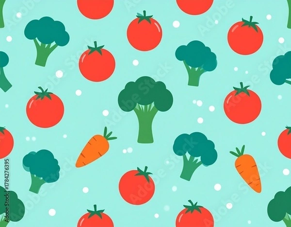Fototapeta Seamless repeating pattern of cute cartoon vegetables including tomatoes, broccoli, and carrots on a teal background.