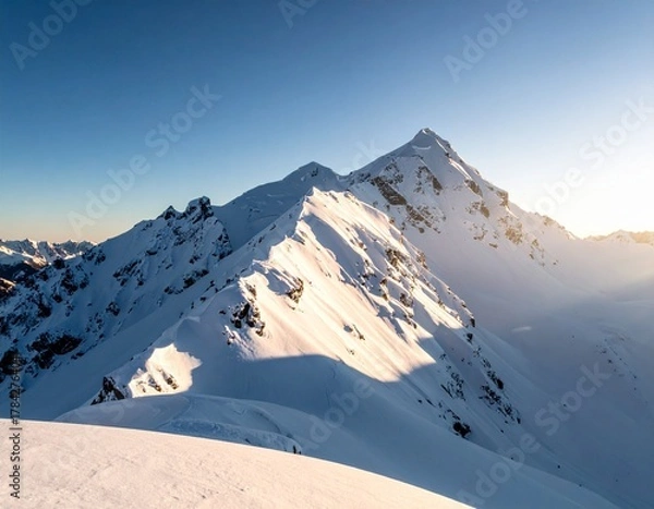 Fototapeta A majestic snow-covered mountain range bathed in the warm glow of the setting sun.