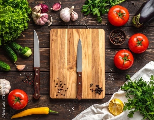 Fototapeta Fresh vegetables, herbs, and knives on a wooden cutting board, a top-down view of ingredients for a healthy meal.