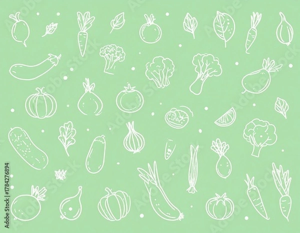 Fototapeta A light green background with white line drawings of various vegetables and leafy greens.