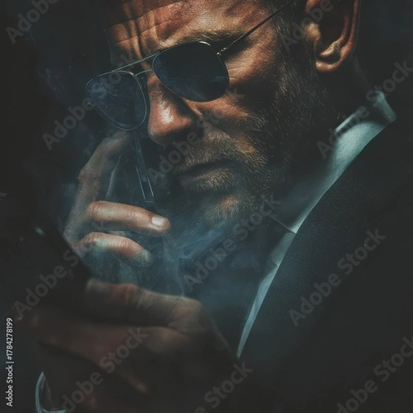 Fototapeta Mature man in suit wearing sunglasses, talking on phone and holding another device, mysterious and intense atmosphere with smoke, technology and business concept