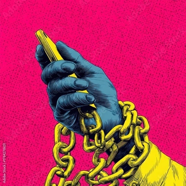 Obraz Hand holding smartphone wrapped in heavy chain, symbolizing technology addiction and digital dependence, with vibrant pop art style and emotional tension