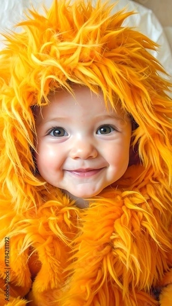 Obraz Cheerful infant in a fluffy, bright orange hooded costume smiles brightly at the camera