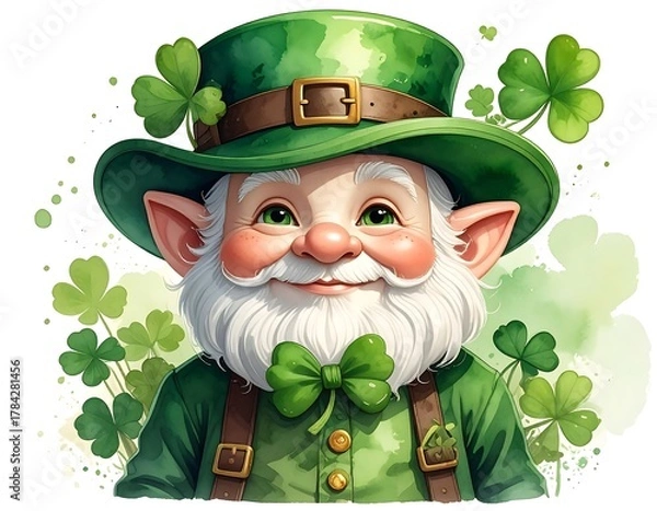 Obraz Cheerful leprechaun with white beard, green hat, and shamrocks in watercolor style