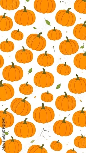 Obraz Cheerful, orange pumpkin seamless pattern on white background with scattered leaves and tendrils